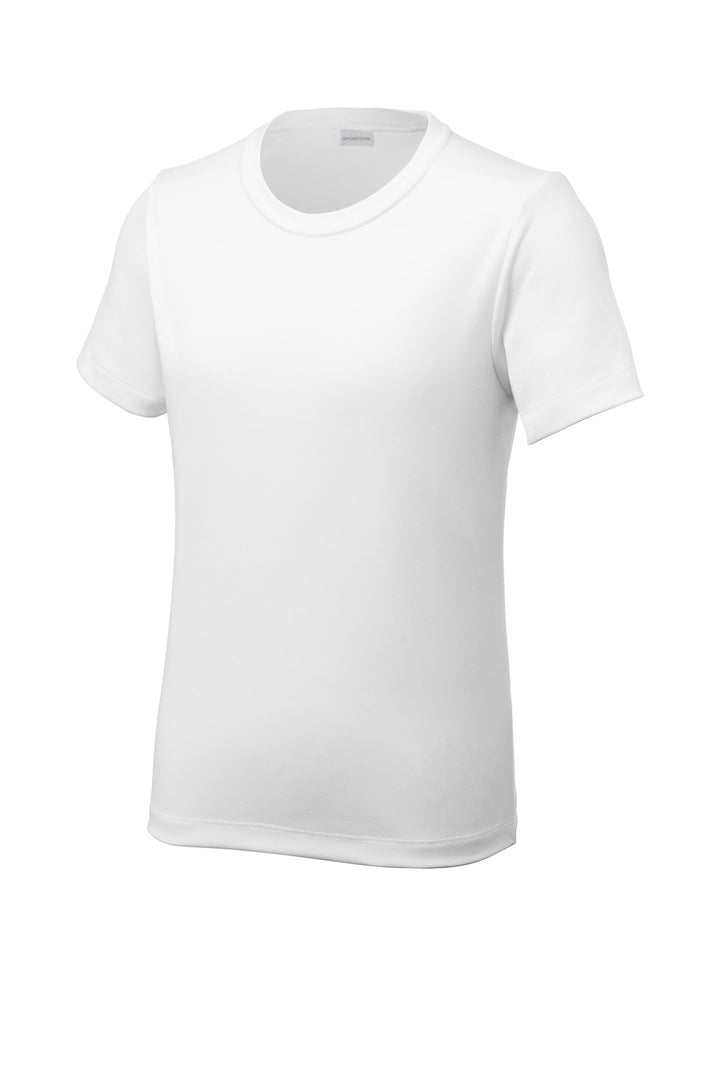 Front View of White Sport-Tek Youth Posi-UV Pro Tee. YST420