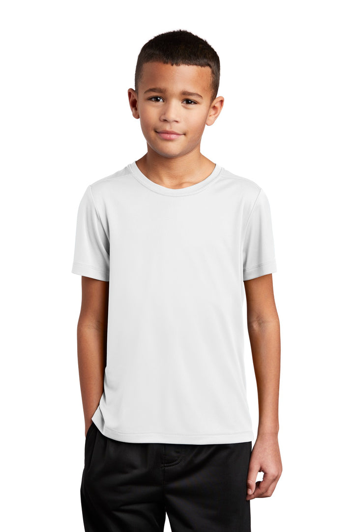 Front View of White Sport-Tek Youth Posi-UV Pro Tee. YST420