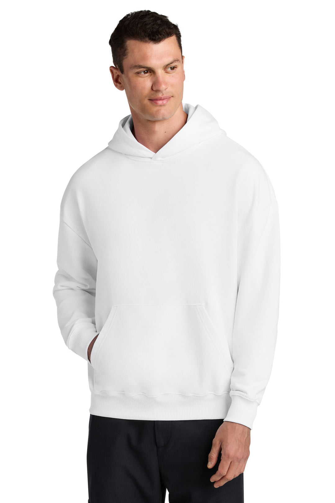 Front View of White Stanley/Stella Unisex Cooper Dry Hooded Sweatshirt SXU028
