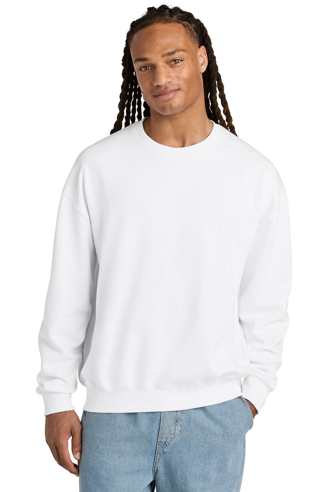 Front View of White Stanley/Stella Unisex Ledger Dry Crewneck Sweatshirt SXU029