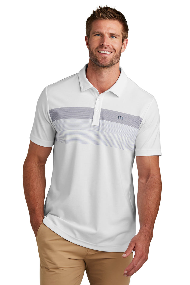 Front View of White TravisMathew Coastal Chest Stripe Polo TM1MY402