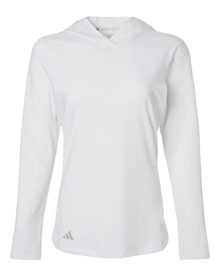 Front View of White Women's Performance Hooded Pullover - A1003