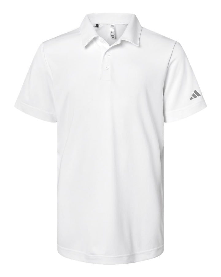 Front View of White Youth Performance Polo - A4000