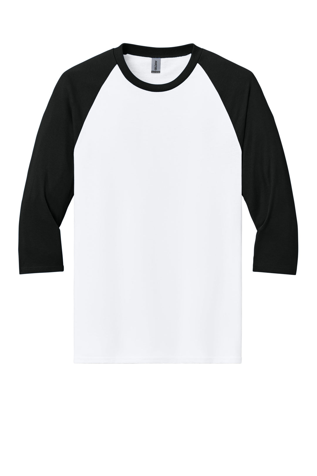 Front View of White/Black Gildan Heavy Cotton 3/4-Sleeve Raglan T-Shirt. 5700