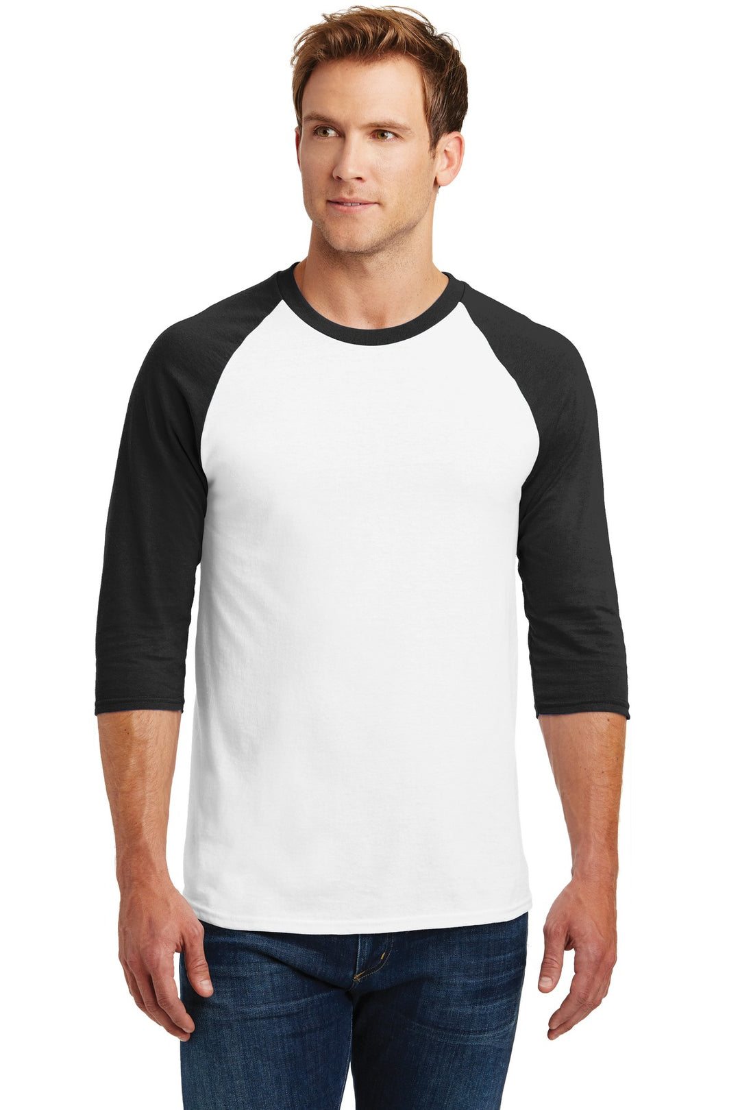 Front View of White/Black Gildan Heavy Cotton 3/4-Sleeve Raglan T-Shirt. 5700