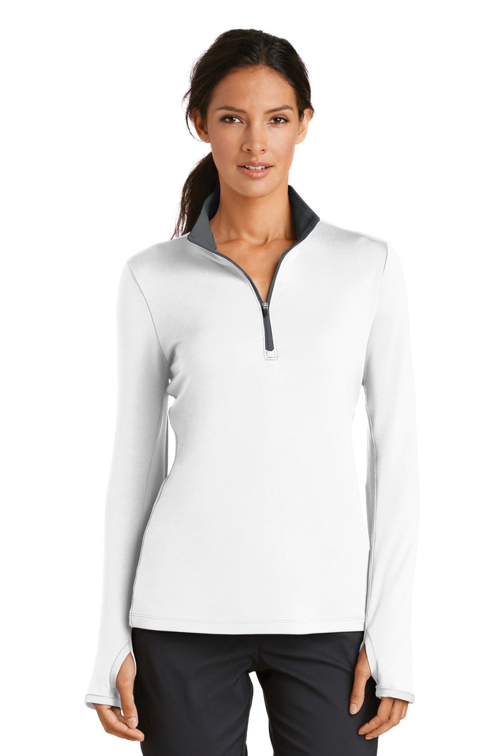 Front View of White/Dk Grey Nike Women's Dri-FIT Stretch 1/2-Zip Cover-Up. 779796