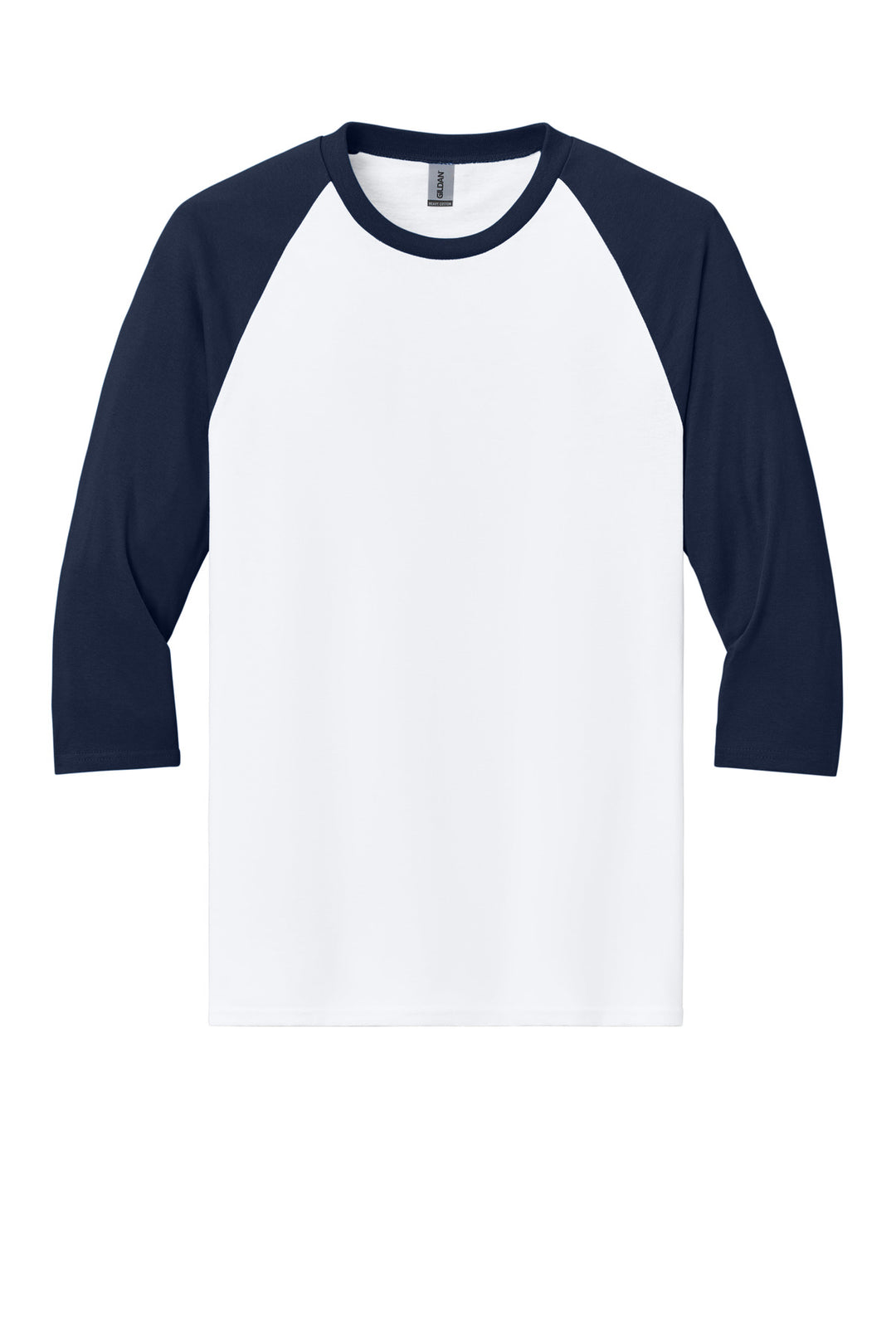 Front View of White/Navy Gildan Heavy Cotton 3/4-Sleeve Raglan T-Shirt. 5700