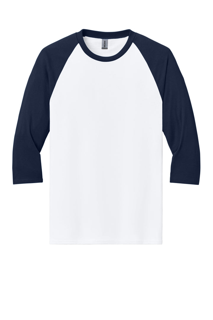 Front View of White/Navy Gildan Heavy Cotton 3/4-Sleeve Raglan T-Shirt. 5700
