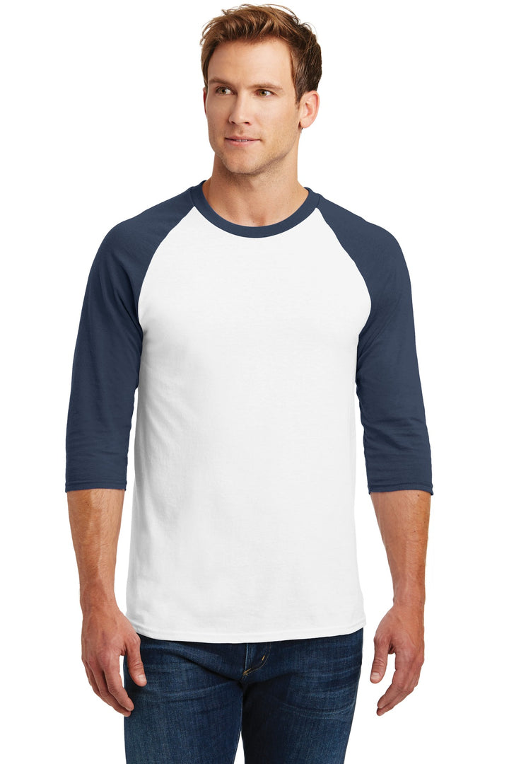 Front View of White/Navy Gildan Heavy Cotton 3/4-Sleeve Raglan T-Shirt. 5700