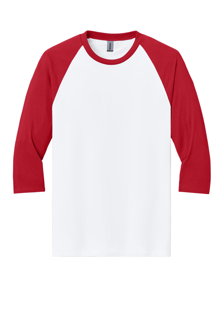Front View of White/Red Gildan Heavy Cotton 3/4-Sleeve Raglan T-Shirt. 5700