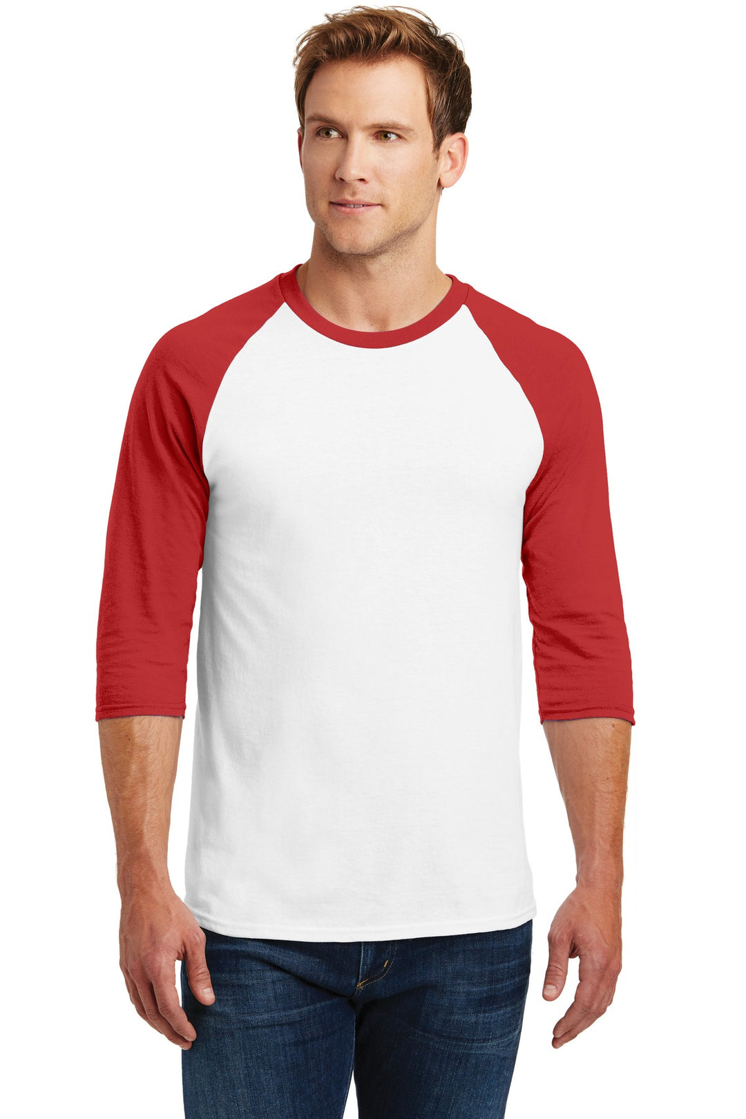 Front View of White/Red Gildan Heavy Cotton 3/4-Sleeve Raglan T-Shirt. 5700