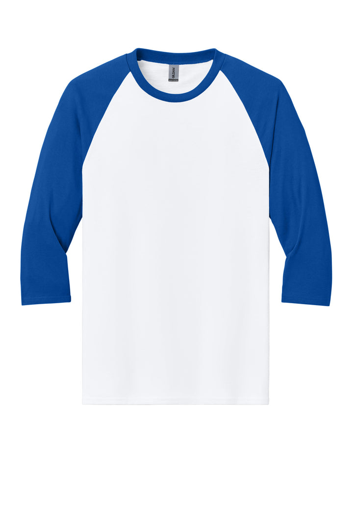 Front View of White/Royal Gildan Heavy Cotton 3/4-Sleeve Raglan T-Shirt. 5700