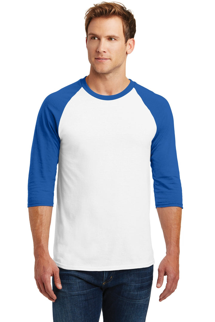 Front View of White/Royal Gildan Heavy Cotton 3/4-Sleeve Raglan T-Shirt. 5700