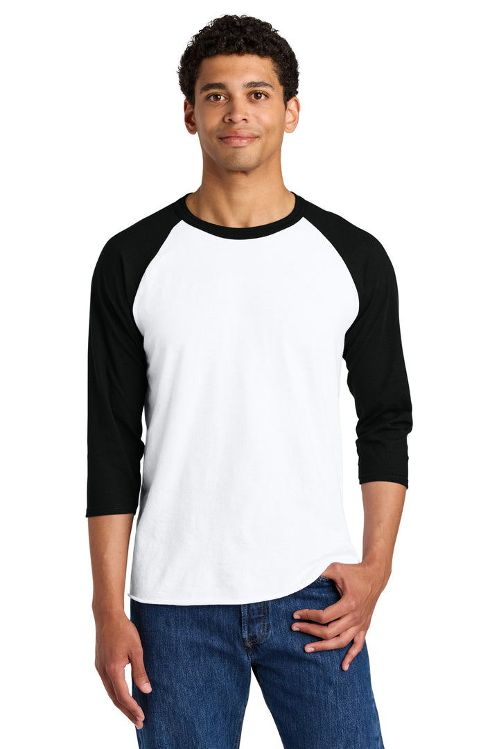 Front View of Wht/BlkInk Jerzees Unisex Premium Blend Combed Ring Spun 3/4-Sleeve Raglan 560R