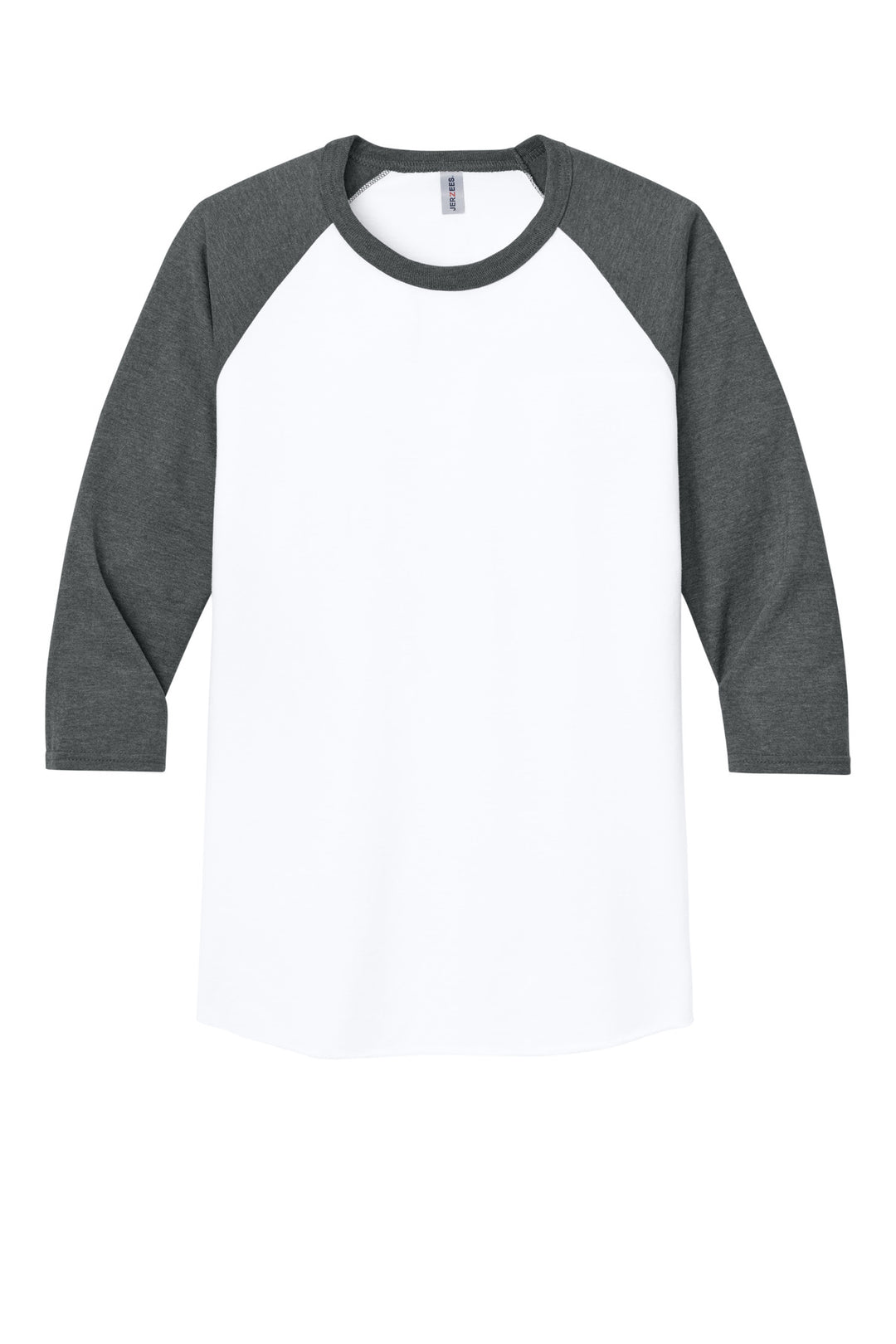 Front View of Wht/ChrHtr Jerzees Unisex Premium Blend Combed Ring Spun 3/4-Sleeve Raglan 560R