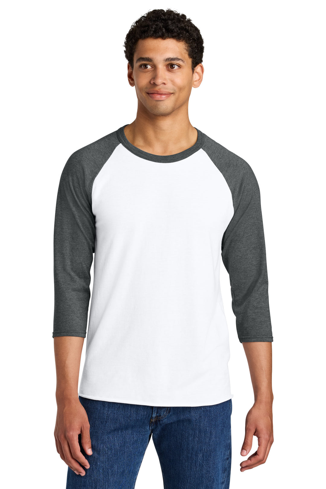 Front View of Wht/ChrHtr Jerzees Unisex Premium Blend Combed Ring Spun 3/4-Sleeve Raglan 560R