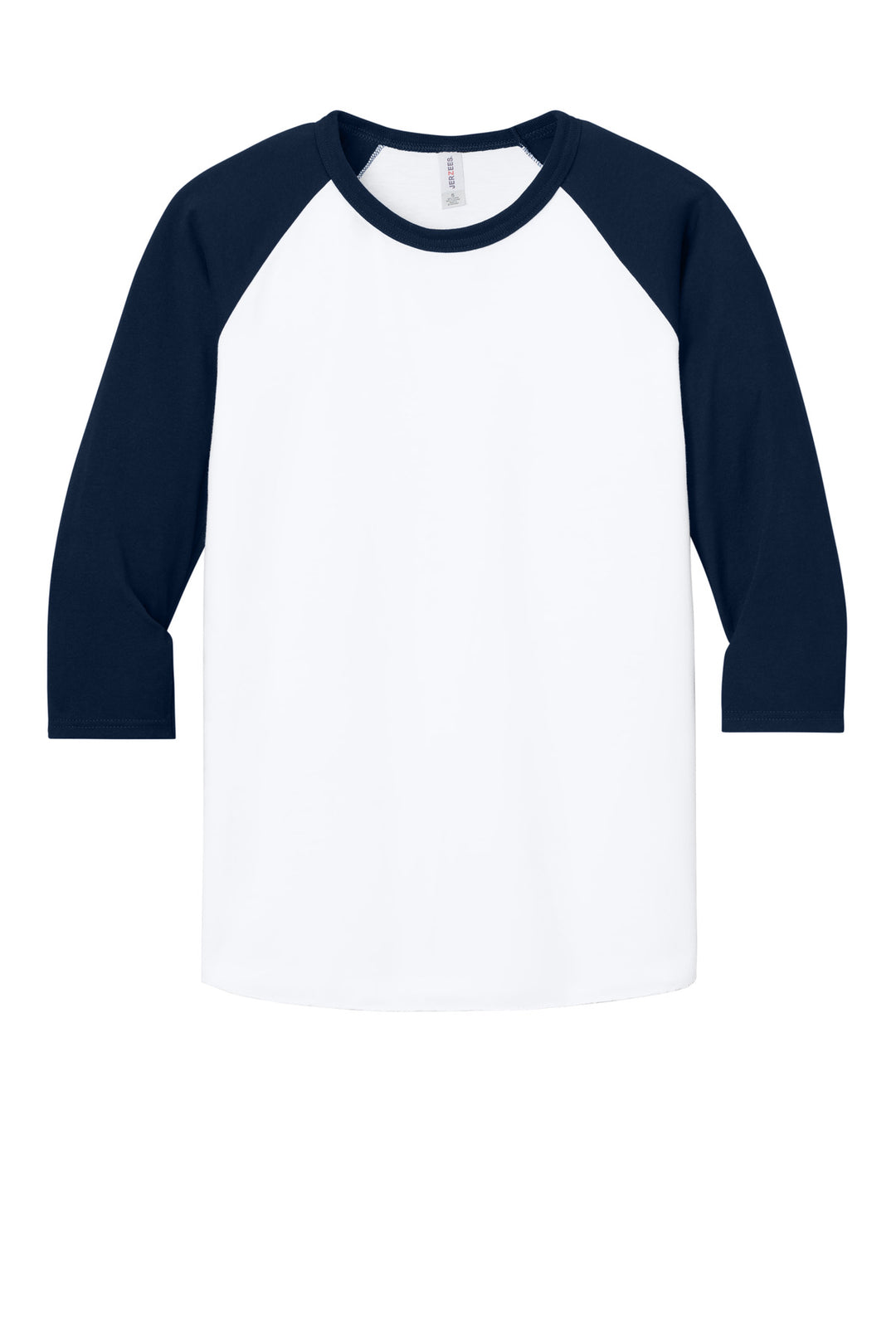 Front View of Wht/JNavy Jerzees Unisex Premium Blend Combed Ring Spun 3/4-Sleeve Raglan 560R
