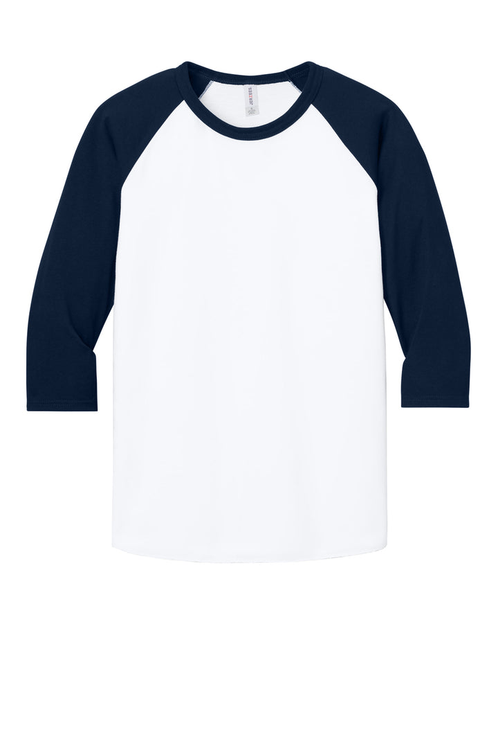 Front View of Wht/JNavy Jerzees Unisex Premium Blend Combed Ring Spun 3/4-Sleeve Raglan 560R