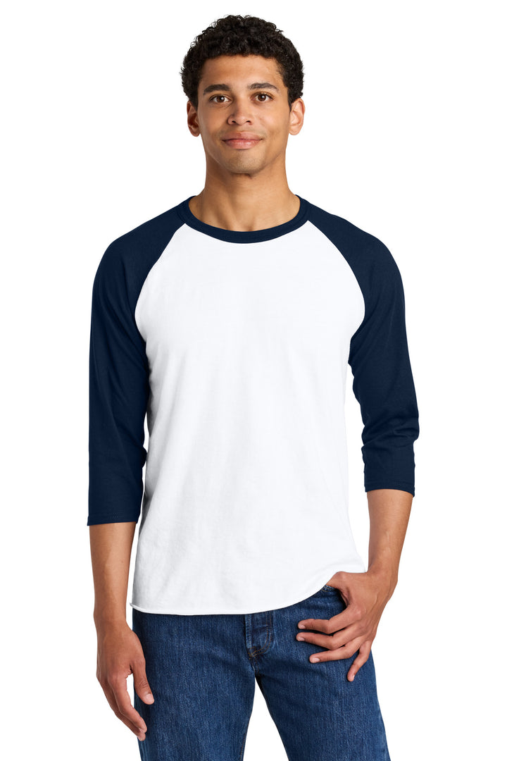 Front View of Wht/JNavy Jerzees Unisex Premium Blend Combed Ring Spun 3/4-Sleeve Raglan 560R