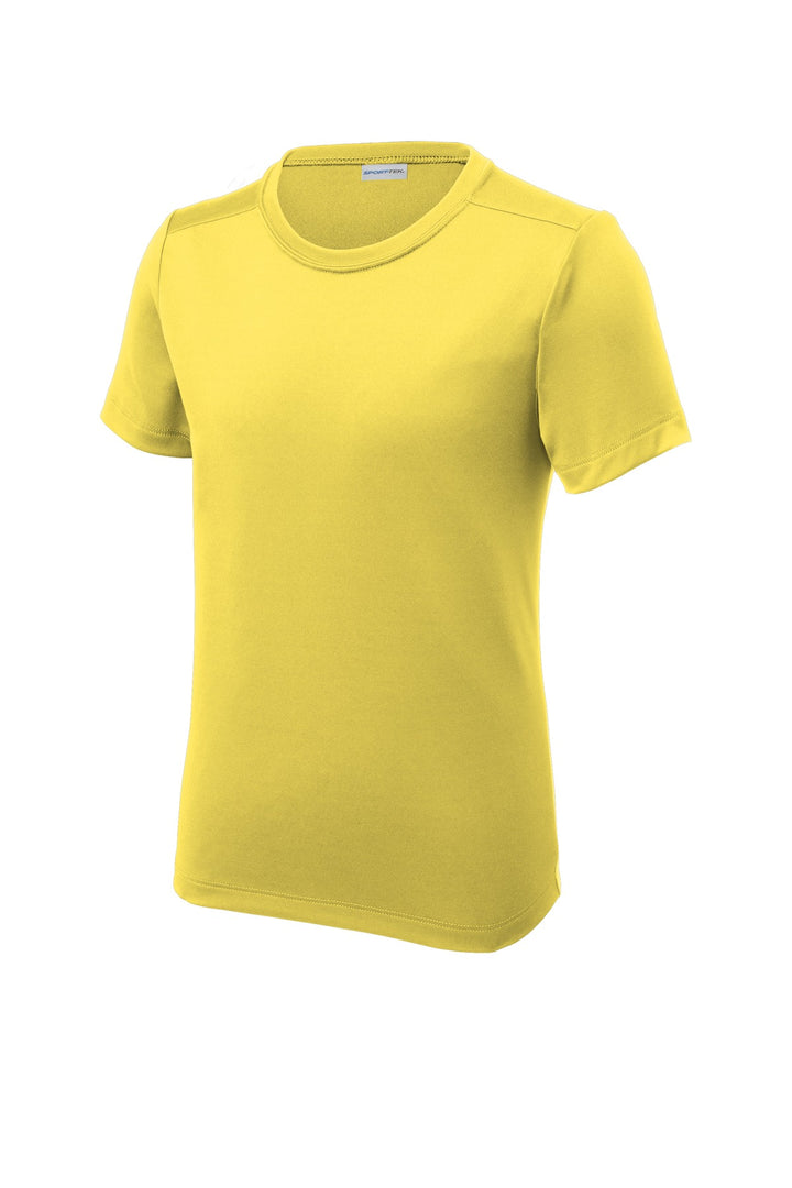 Front View of Yellow Sport-Tek Youth Posi-UV Pro Tee. YST420
