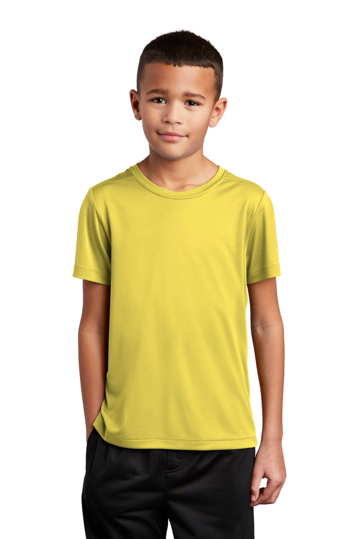 Front View of Yellow Sport-Tek Youth Posi-UV Pro Tee. YST420