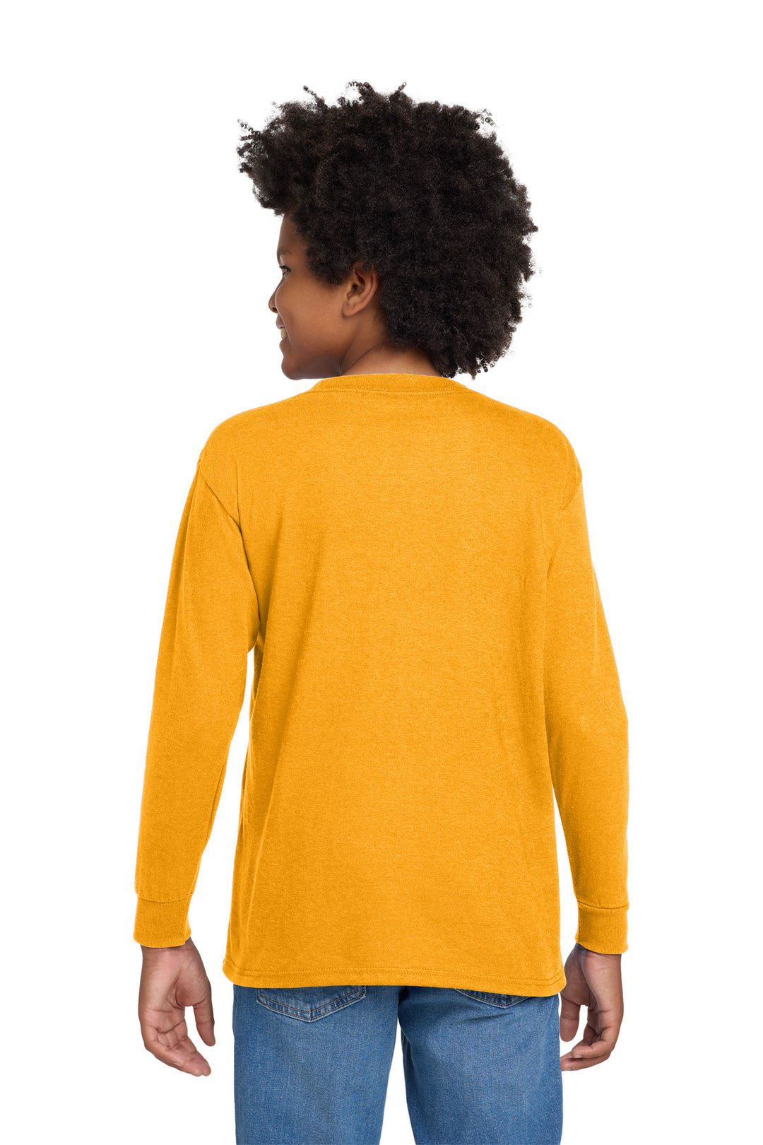 Gold Gildan Youth Heavy Cotton 100% Cotton Long Sleeve T-Shirt. 5400B