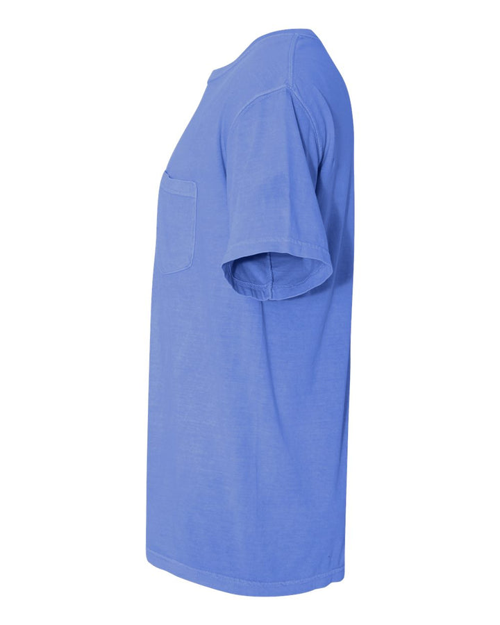 Left View of Flo Blue Garment-Dyed Heavyweight Pocket T-Shirt - 6030
