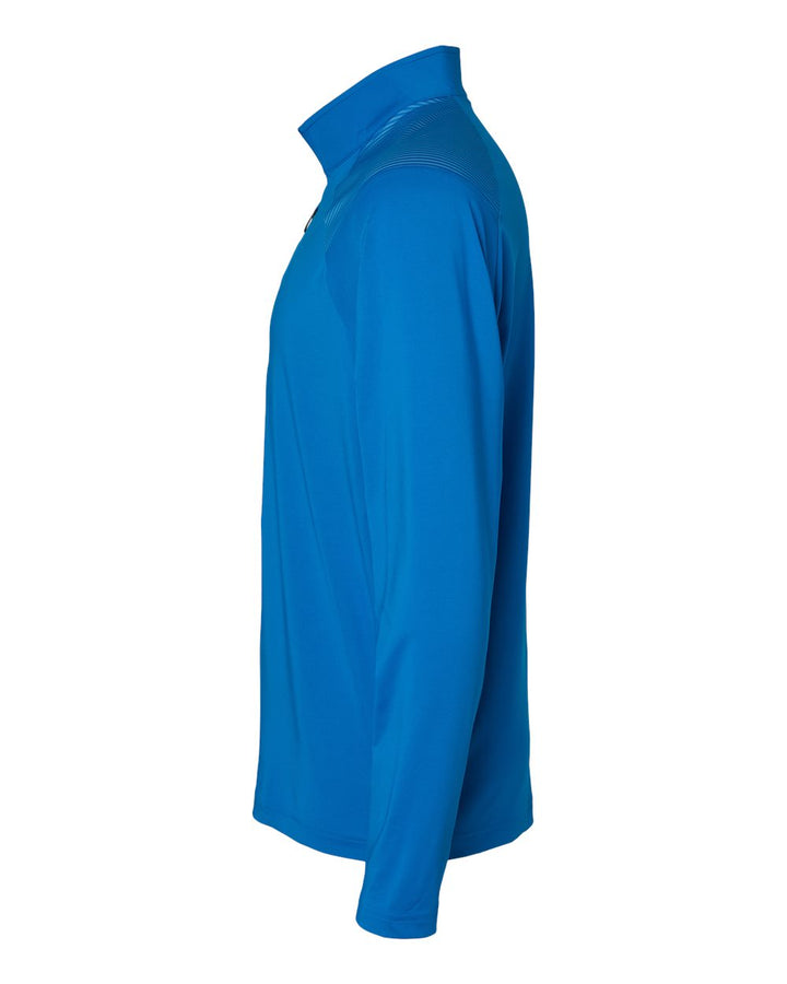 Left View of Glory Blue Shoulder Stripe Quarter-Zip Pullover - A520