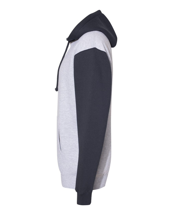 Left View of Grey Heather/ Slate Blue Heavyweight Hooded Sweatshirt - IND4000