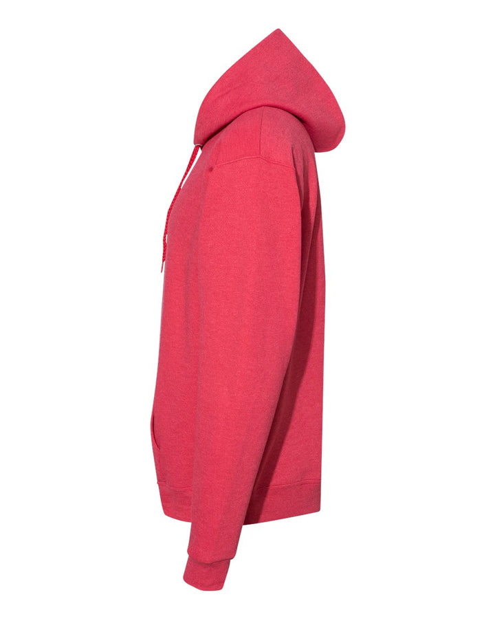 Left View of Heather Red Ecosmart® Hooded Sweatshirt - P170