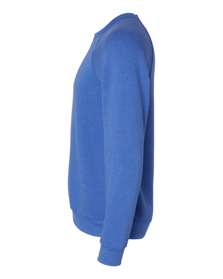 Left View of Heather True Royal Sponge Fleece Raglan Crewneck Sweatshirt - 3901