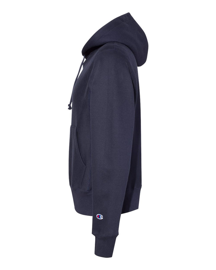 Left View of Navy Reverse Weave® Hooded Sweatshirt - S101