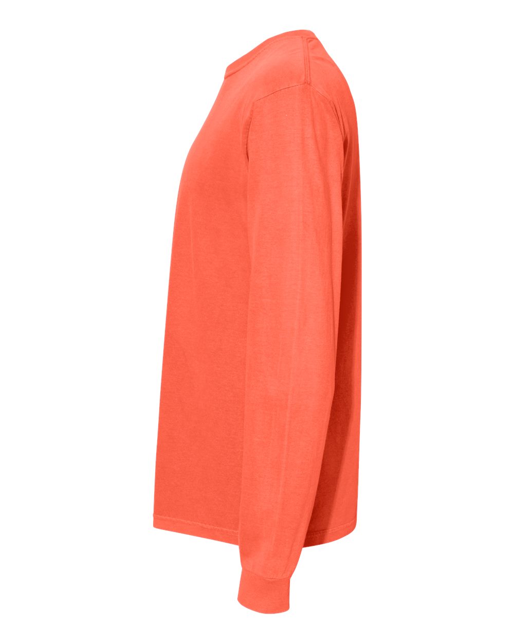 Left View of Neon Red Orange Garment-Dyed Heavyweight Long Sleeve T-Shirt - 6014