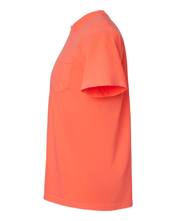 Left View of Neon Red Orange Garment-Dyed Heavyweight Pocket T-Shirt - 6030