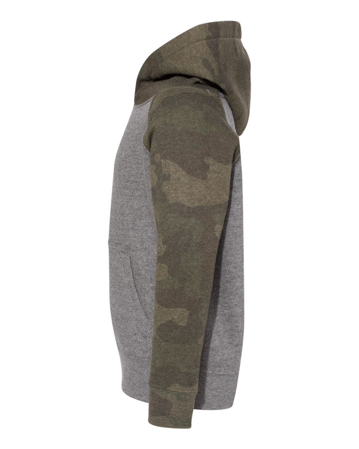 Left View of Nickel Heather/ Forest Camo Toddler Special Blend Hooded Raglan Sweatshirt - PRM10TSB