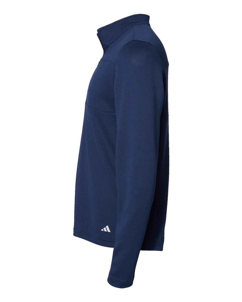 Left View of Team Navy Blue/ Grey Two 3-Stripes Double Knit Quarter-Zip Pullover - A482