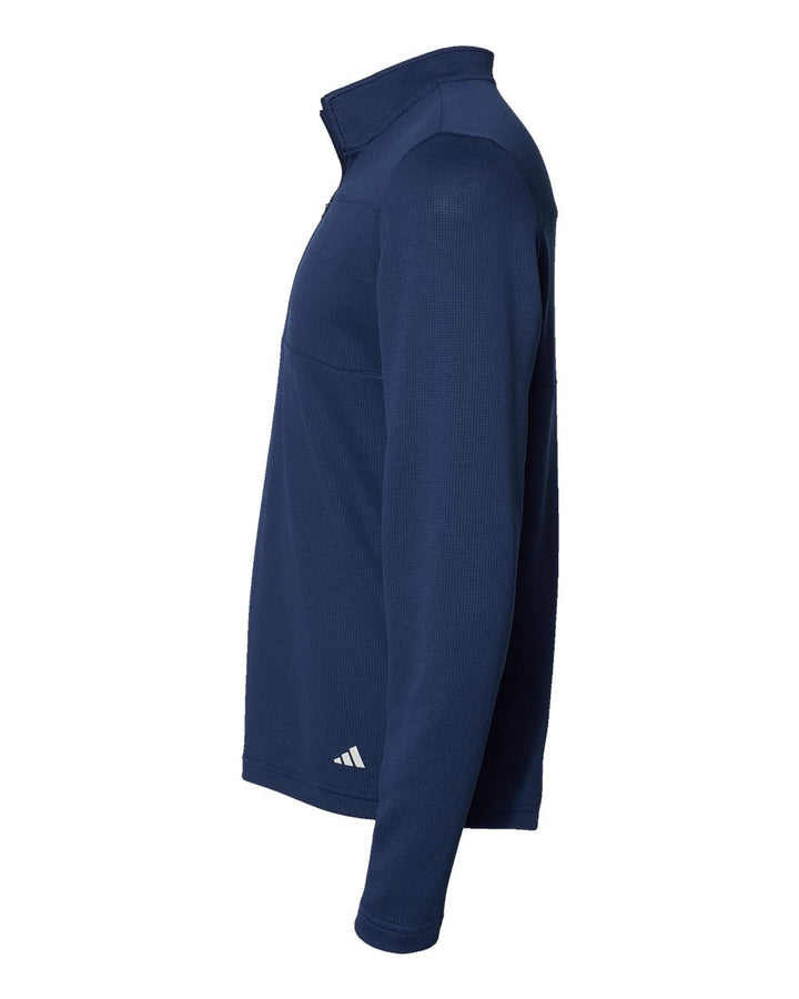 Left View of Team Navy Blue/ Grey Two 3-Stripes Double Knit Quarter-Zip Pullover - A482