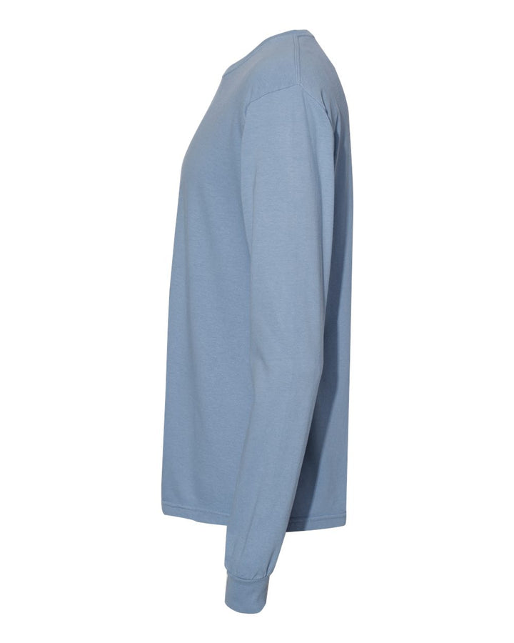 Left View of Washed Denim Garment-Dyed Heavyweight Long Sleeve T-Shirt - 6014