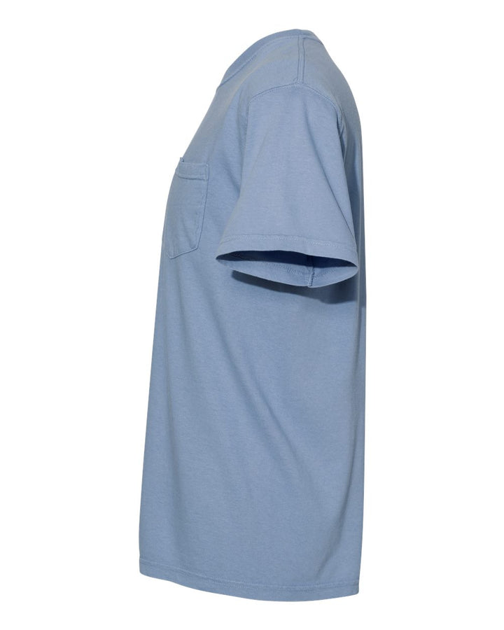 Left View of Washed Denim Garment-Dyed Heavyweight Pocket T-Shirt - 6030