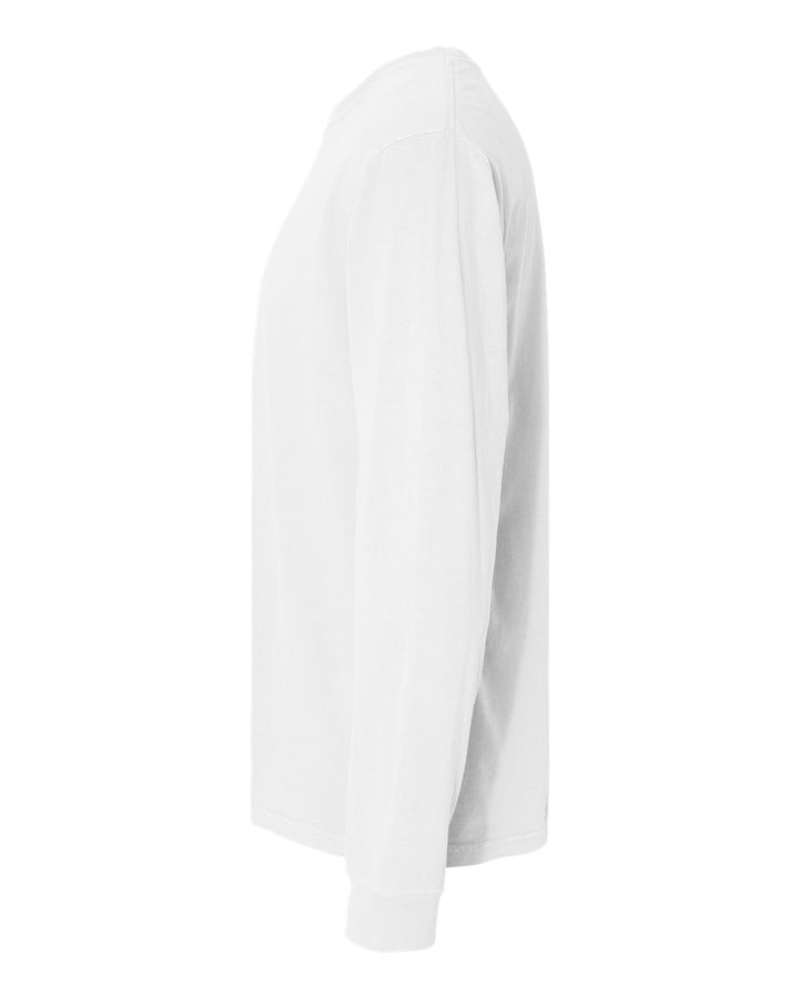 Left View of White Garment-Dyed Heavyweight Long Sleeve T-Shirt - 6014
