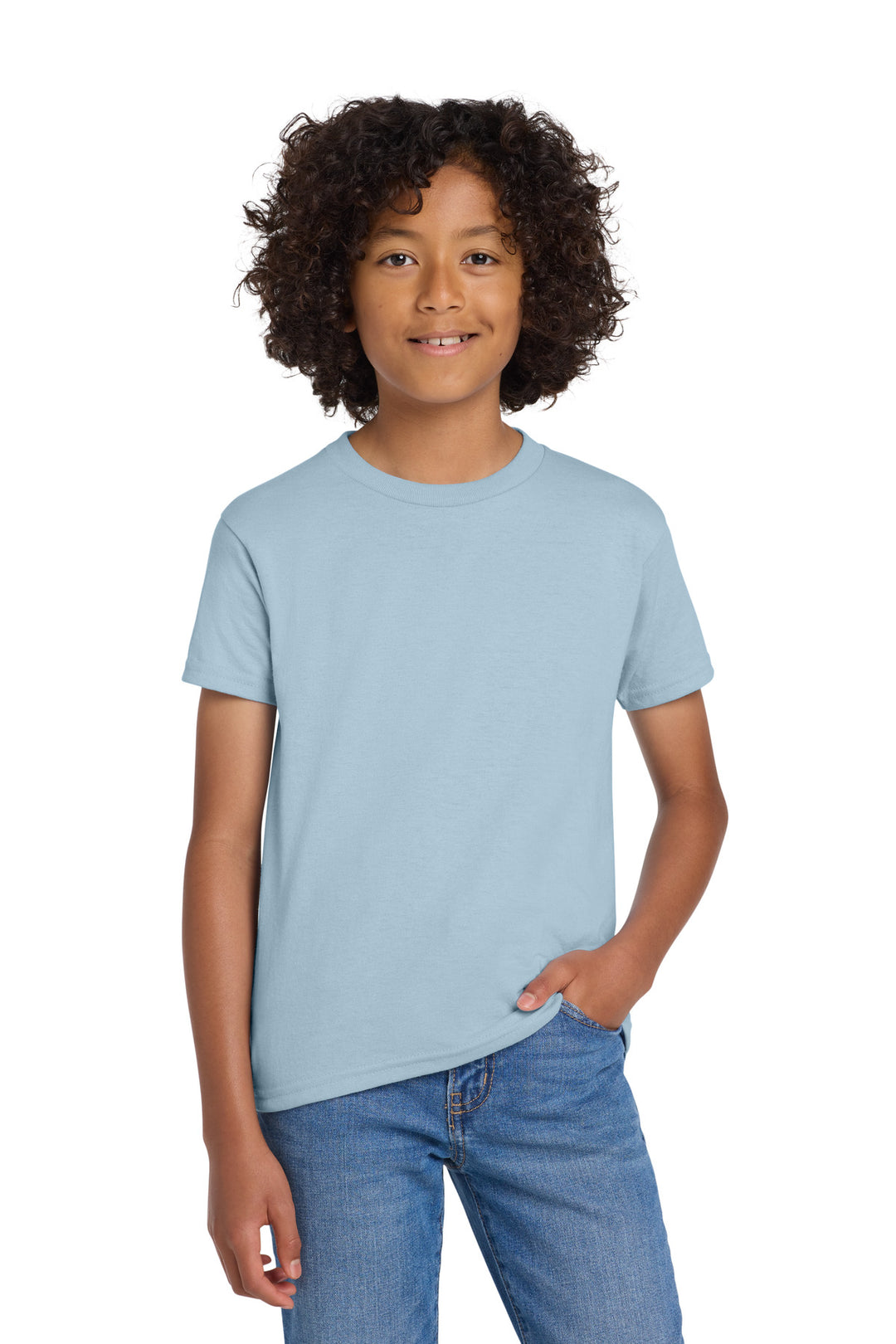 Light Blue Gildan Youth DryBlend 50 Cotton/50 Poly T-Shirt. 8000B