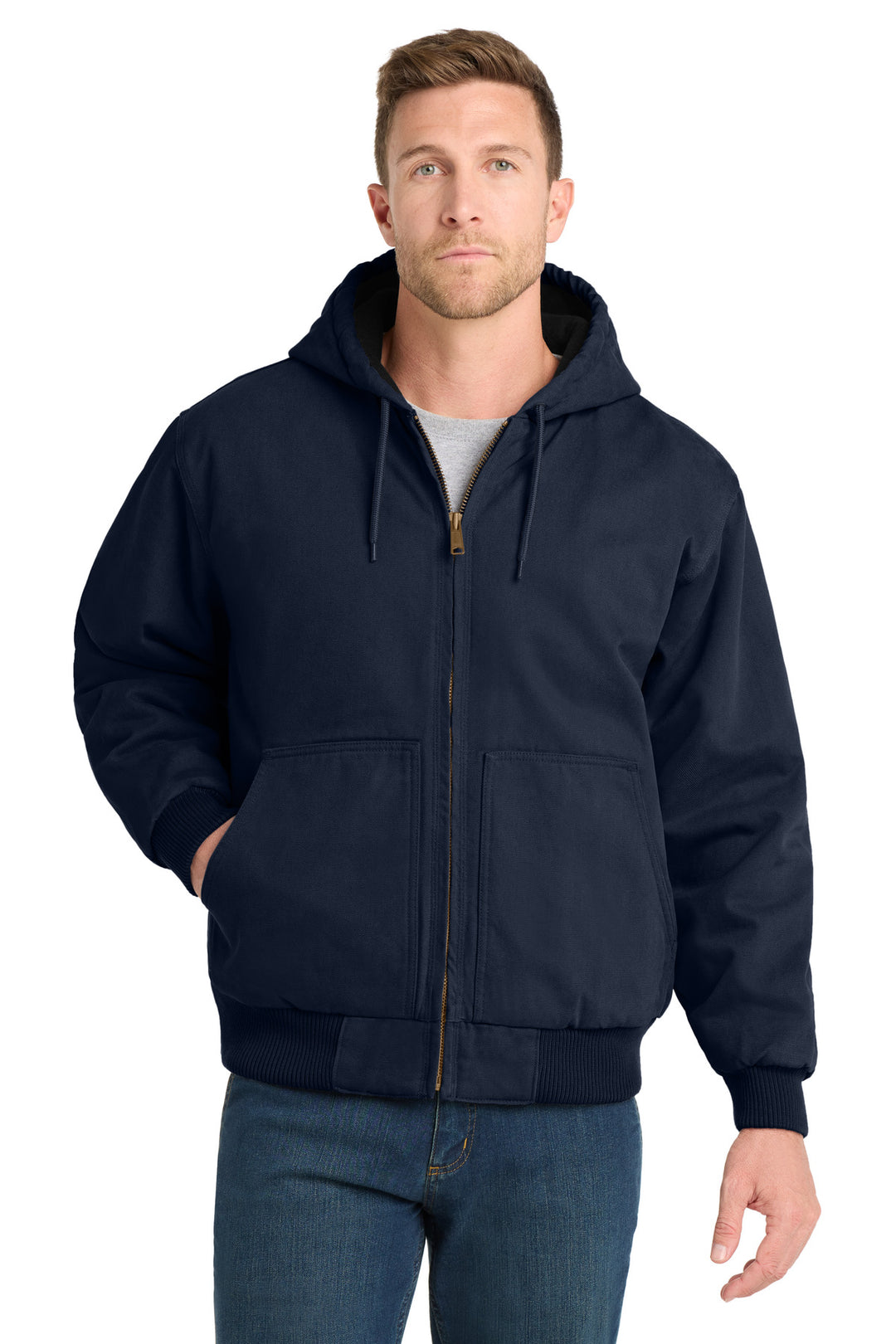 Navy CornerStone Washed Duck Cloth Insulated Hooded Work Jacket. CSJ41