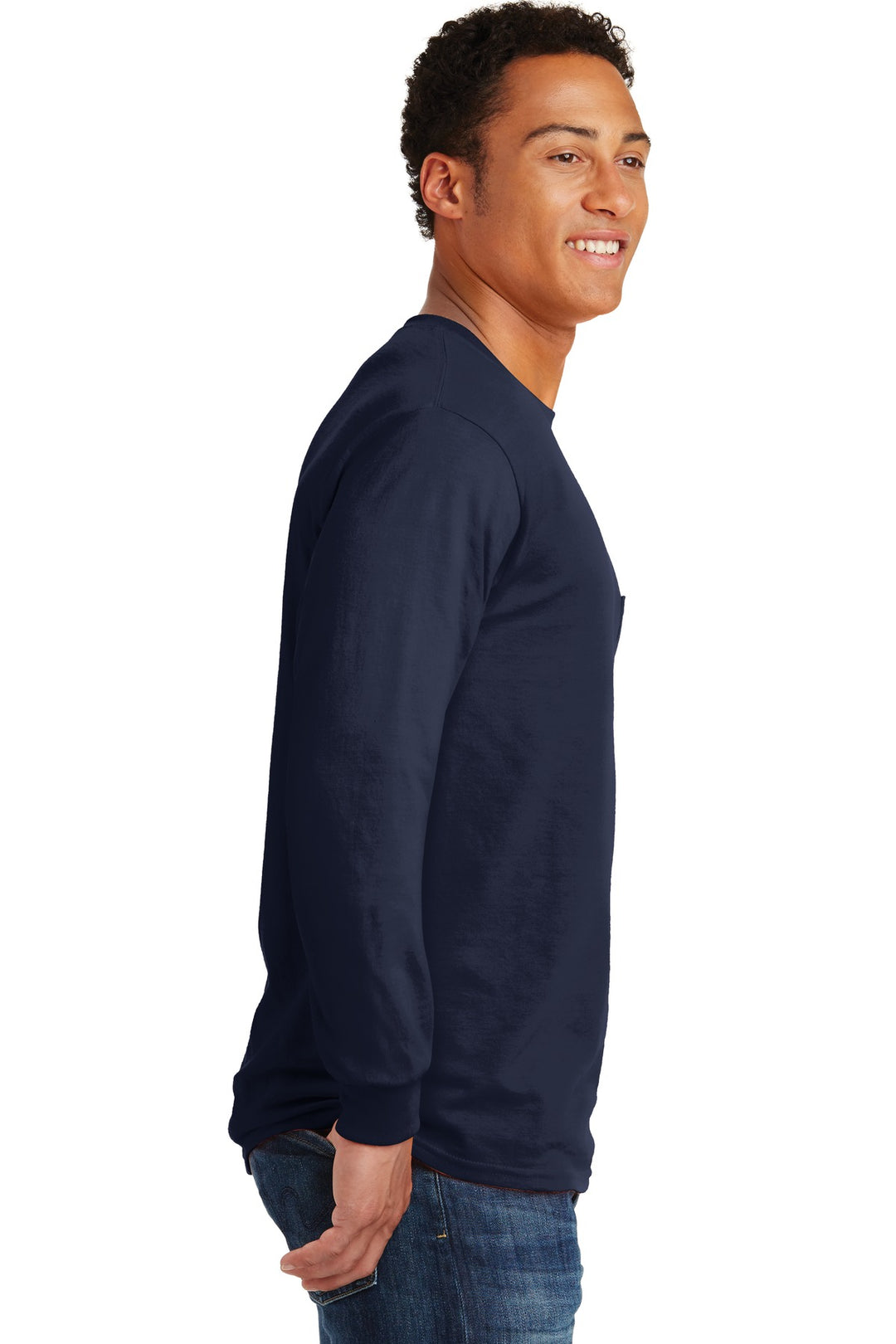 Navy Gildan - Ultra Cotton 100% US Cotton Long Sleeve T-Shirt with Pocket. 2410
