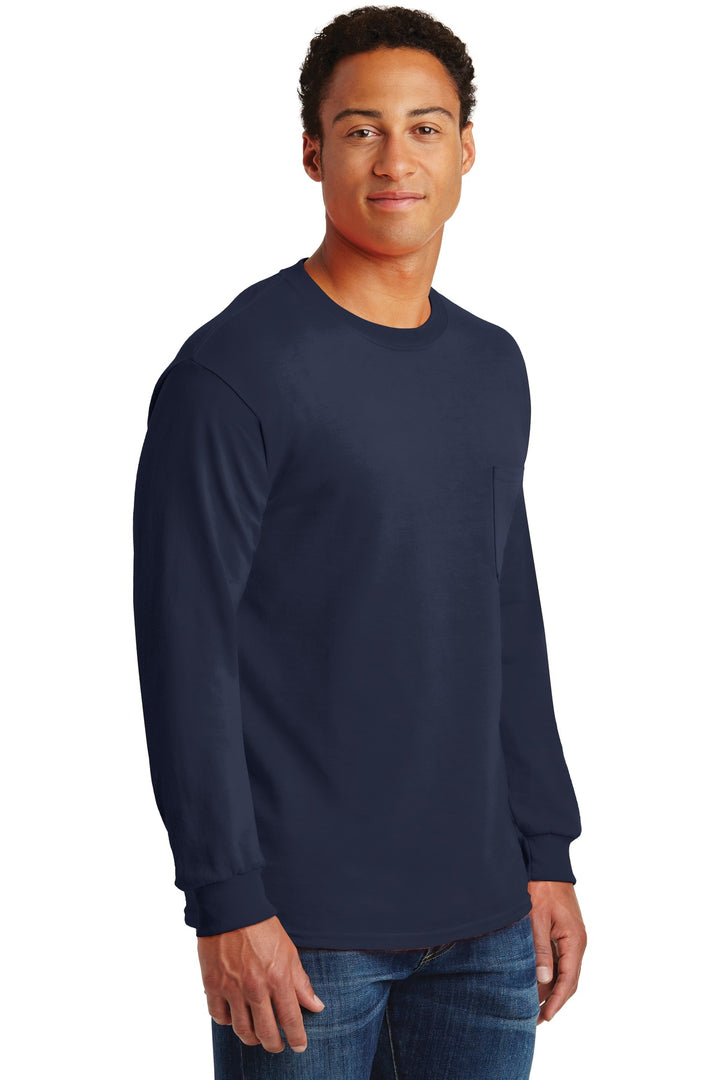 Navy Gildan - Ultra Cotton 100% US Cotton Long Sleeve T-Shirt with Pocket. 2410