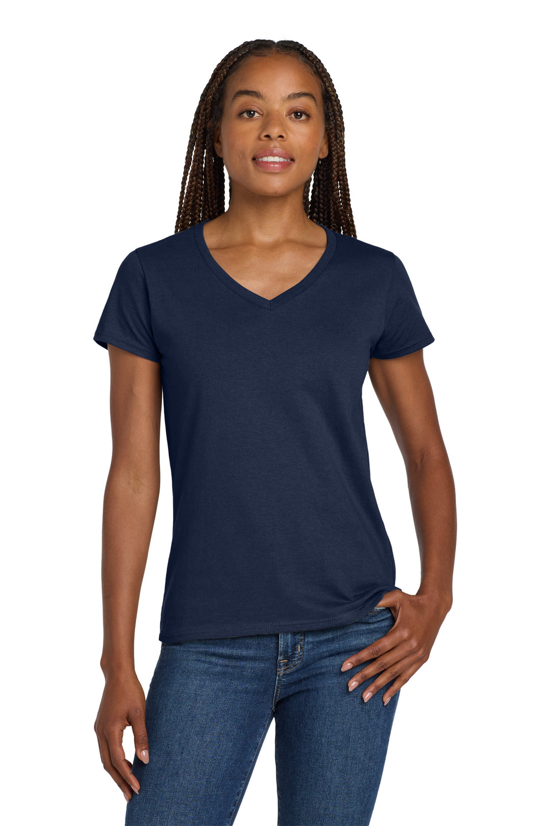 Navy Gildan Women's Heavy Cotton 100% Cotton V-Neck T-Shirt. 5V00L