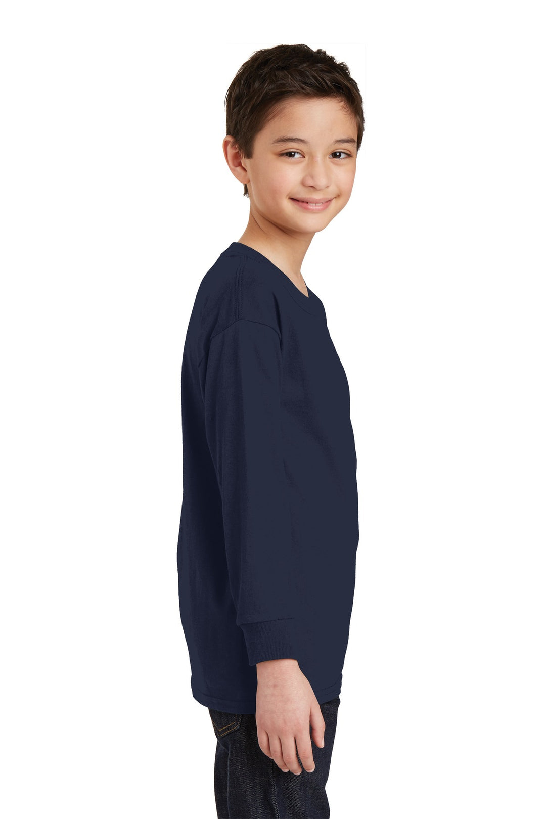Navy Gildan Youth Heavy Cotton 100% Cotton Long Sleeve T-Shirt. 5400B