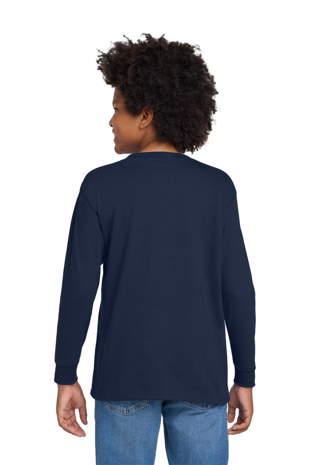 Navy Gildan Youth Heavy Cotton 100% Cotton Long Sleeve T-Shirt. 5400B