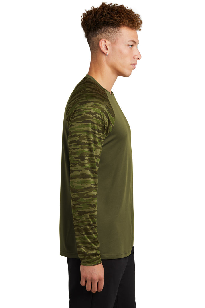 OlvDrabGn Sport-Tek Drift Camo Colorblock Long Sleeve Tee ST376LS