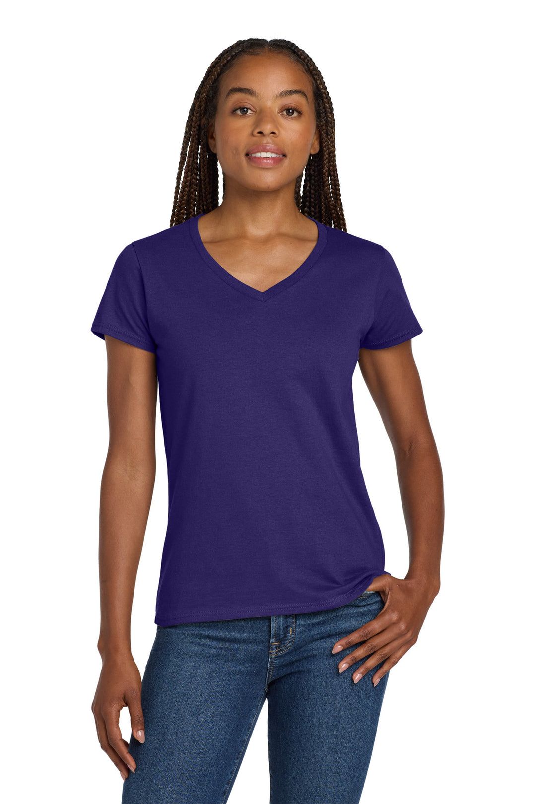 Purple Gildan Women's Heavy Cotton 100% Cotton V-Neck T-Shirt. 5V00L