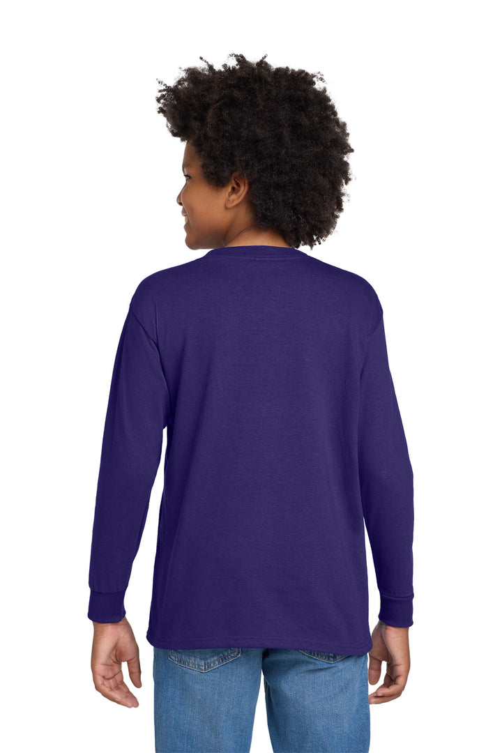 Purple Gildan Youth Heavy Cotton 100% Cotton Long Sleeve T-Shirt. 5400B